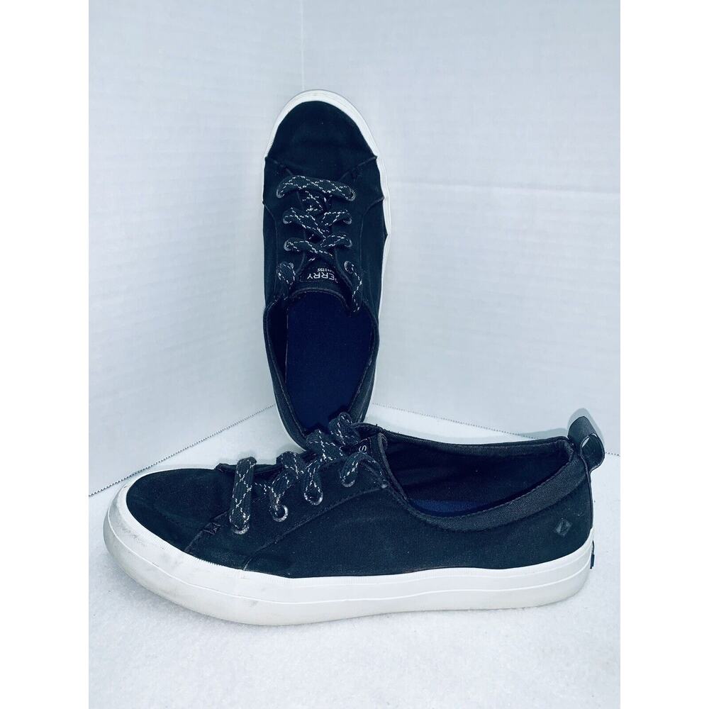 Womens 9 Sperry Canvas Sneakers  Shoes Black Memory Foam Insoles Top Sider Bling